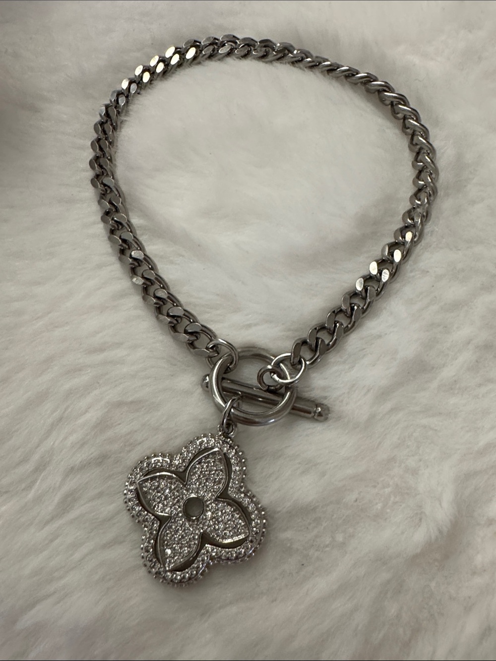 Silver Flower Pavé Charm Chain Bracelet- Women Jewelry